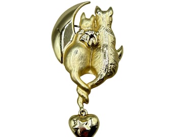 AJC Cats On The Moon Pin Brooch Love Romantic Cat Tails With Heart Dangle