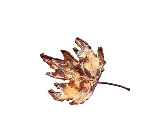 Vintage Brutalist Brass Pin Brooch Maple Leaf Shaped Handcrafted 70s Jewelry