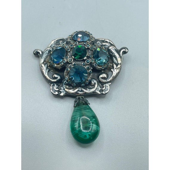 Vintage Jeweled Brooch Faux "Flawed" Emerald Drop… - image 3