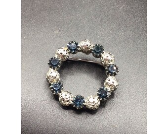 Vintage Wreath Pin Filigree Round Beads Silver Tone with Blue Rhinestones Brooch