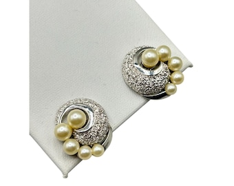Trifari Clip On Earrings Vintage Textured Silver Tone Clips With Faux Pearls