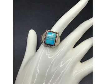 HS Signed Ring Sterling Silver Native American Turquoise Inlay Well Made Size 8