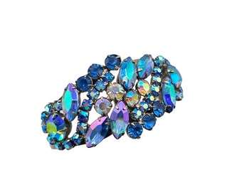 Vintage Clamper Bracelet Blue Rhinestones Aurora Borealis Finish Hinged Bangle