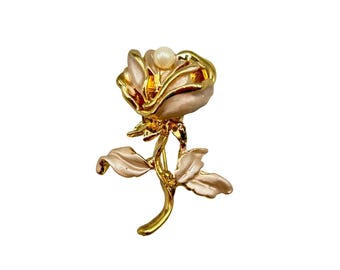 Vintage Rose Flower Pin Brooch Gold Tone Small Rose With Faux Pearl