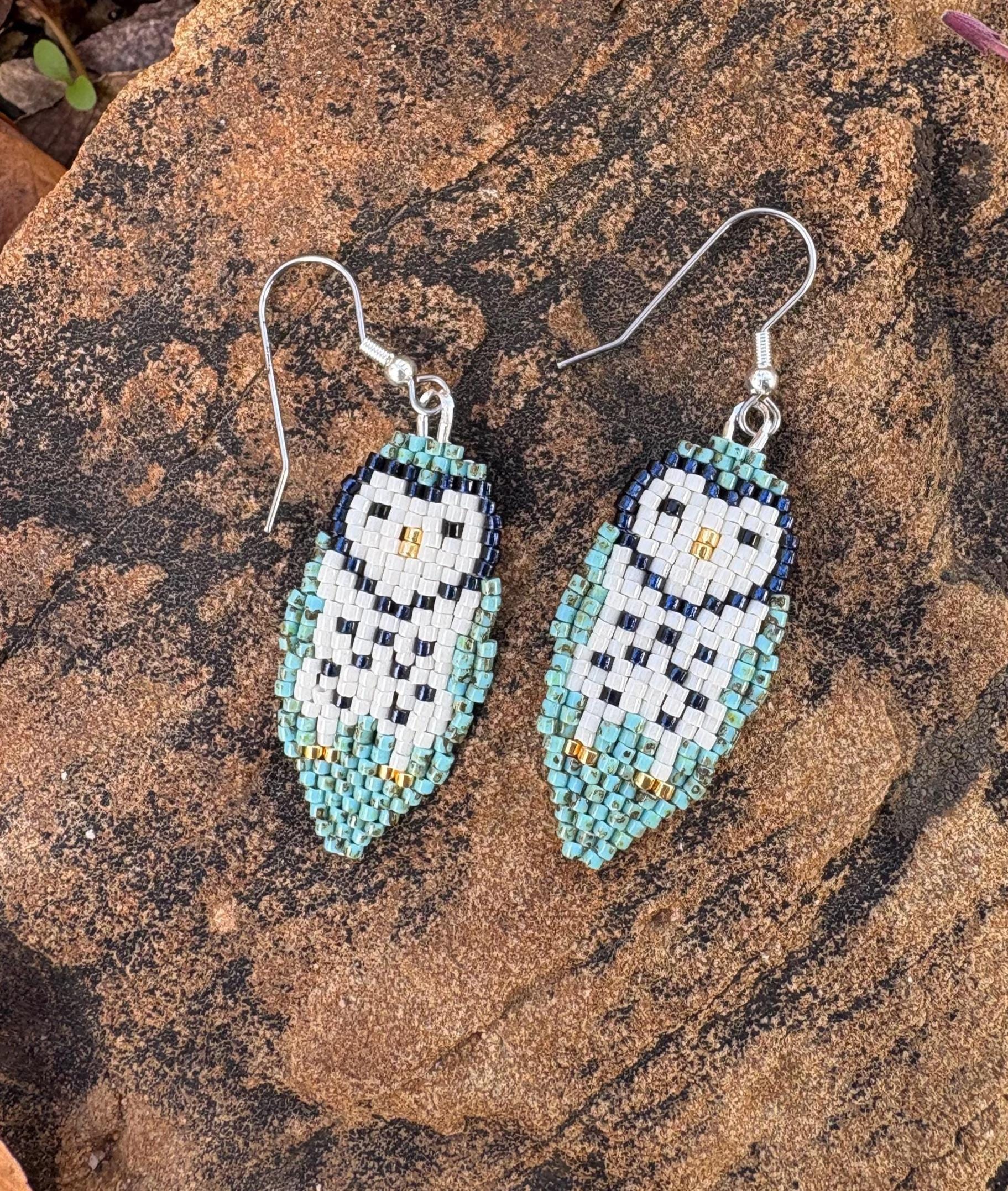 Beaded Blue Barn Owl Earrings