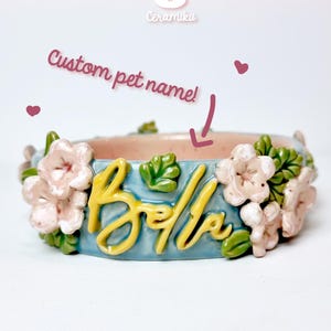 Custom Ceramic Pet Bowl with Name – Personalized Handmade Dog or Cat Dish - Flower Decorated Cute Pastel Bowl - Raised Cat Bowl