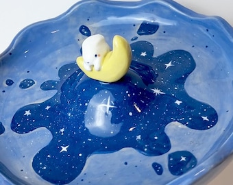 Handmade Ceramic Bunny Dish: Whimsical Starry Sky Pottery