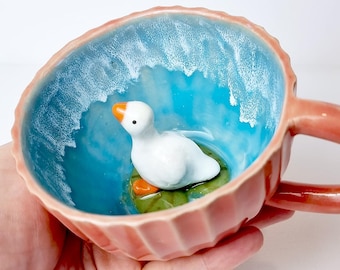 Handmade Goose Tea Cup - Pond farm animal themed pottery - custom pottery gift for her
