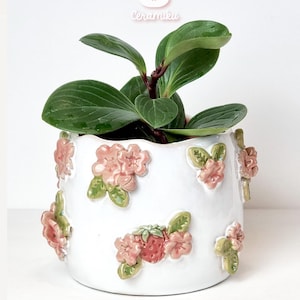Op de afbeelding: Een witte keramische bloempot met roze bloemen en groene bladeren, met een groene plant met grote bladeren. De pot heeft een glanzende afwerking en de tekst "ceramiku shop etsy.com" is onderaan zichtbaar.