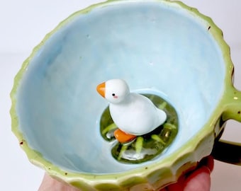 Taza de cerámica hecha a mano con forma de ganso – Taza de té estilo cottagecore, regalo para amantes de los animales