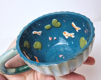 Handmade Koi Pond Ceramic Mug: Pond themed fish pottery - handpained custom cup gift