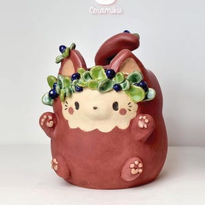 Handmade Ceramic Cat Planter - Blueberry Flower pot - Fantasy animal decor