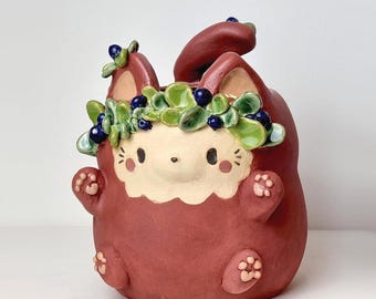 Handmade Ceramic Cat Planter - Blueberry Flower pot - Fantasy animal decor