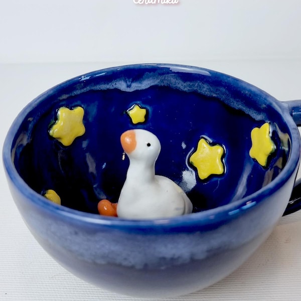 Handmade Ceramic Tea cup: Goose Figurine - Farm barn animal gift