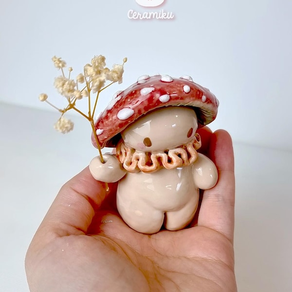 Handmade Ceramic Mushroom People Figurine: Cottagecore Home Decor - Fall Themed Desk Pet
