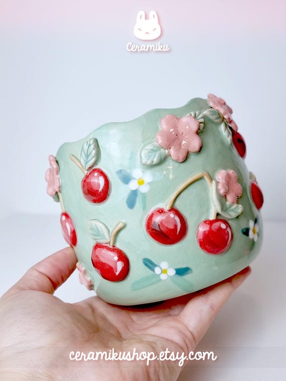 Handmade Cherry Blossom Flower Ceramic Planter: Cottagecore Decor - Pastel Cartoon Style