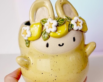 Handmade Ceramic Bunny Flower Pot: mediterranean lemon fruit planter - custom pottery gift