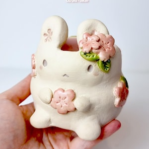Handmade Ceramic Bunny Planter – Cute Kawaii Pottery for Succulents & Small Plants, Cottagecore Easter Gift, pastel pink cherry blossom