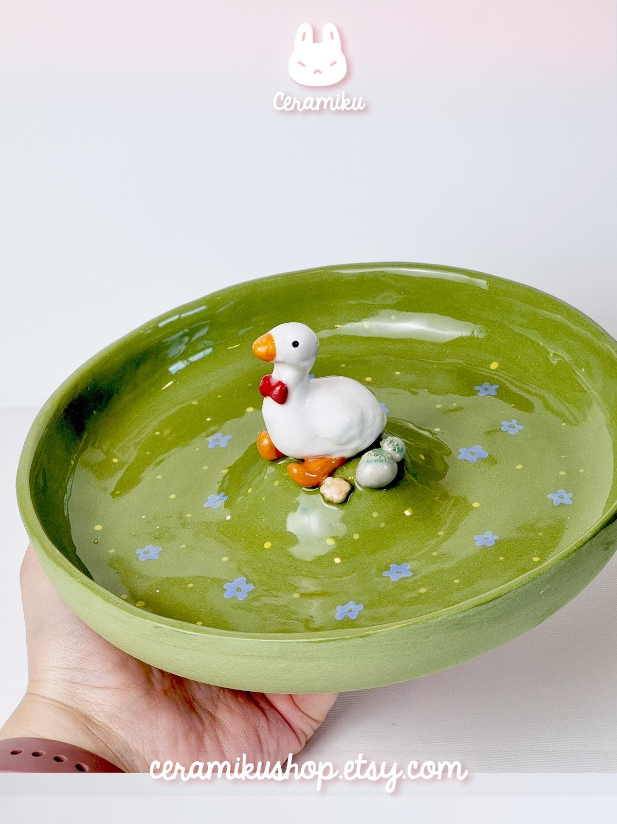 Dessous De Plat En Céramique Vintage Années 60 - Décor Canards Vert Brillant