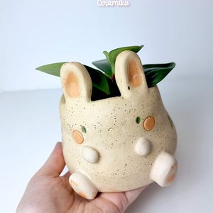 Può includere: Una fioriera a forma di coniglio in ceramica maculata con una piccola pianta verde. La fioriera ha orecchie, guance e piedi beige. Il nome del negozio Etsy "Ceramiku" è in alto e l'URL del negozio è in basso.