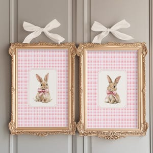 Vintage Easter Bunny Nursery Print Set of 2, Baby Girl Nursery Decor, Rabbit Printable Art, Gingham Spring Prints, Coquette Watercolor