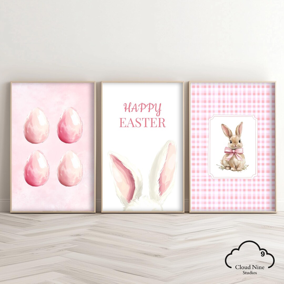 Easter Pink Wall Art Prints Set of 3, Baby Girl Nursery Decor, Happy ...