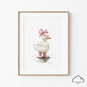 Arte de pared para habitación de bebé con pato y lazo rosa / Decoración de acuarela rosa para habitación de bebé / Estampados de pato para habitación de niña / Arte de pared imprimible con animales para habitación de niños