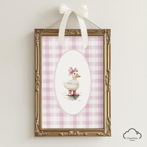 Duck with Pink Bow Nursery Vintage Gingham Wall Art | Watercolor Pink Nursery Decor | Baby Girl Room Duck Prints | Kids Room Cute Printable