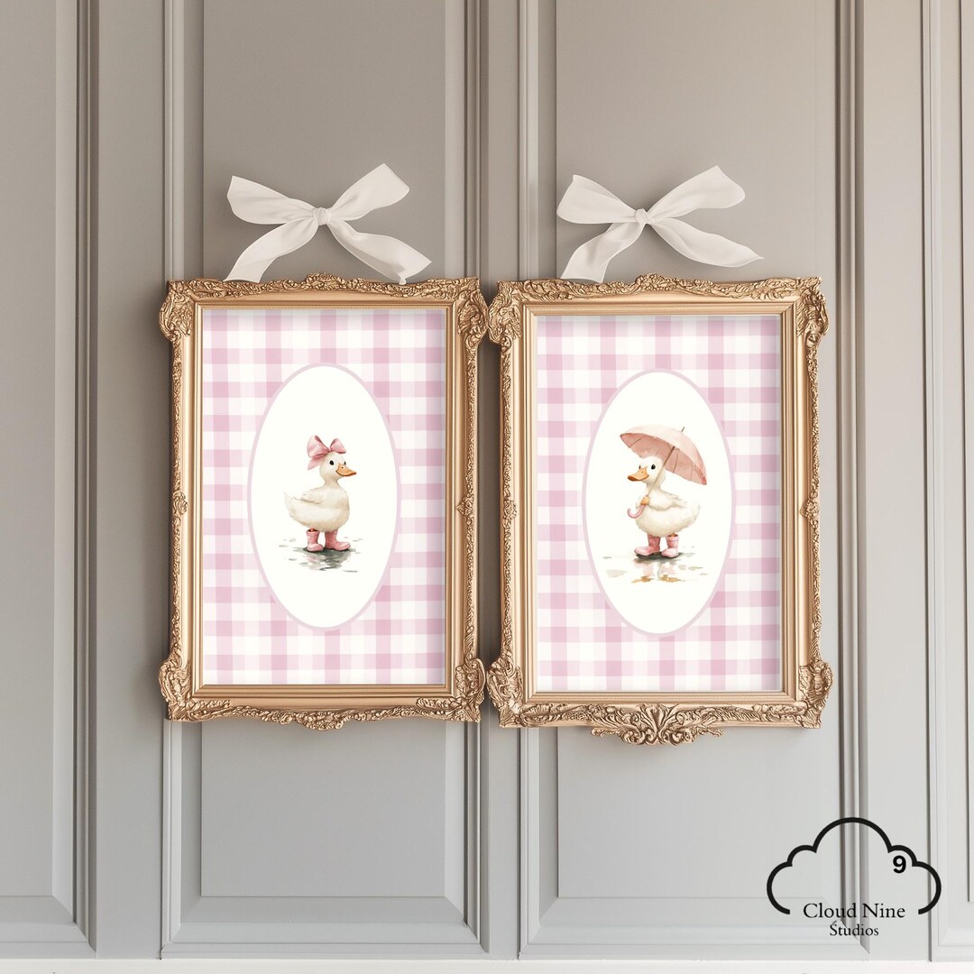 Vintage Duck With Pink Bow Nursery Wall Art Set of 2, Watercolor Pink ...