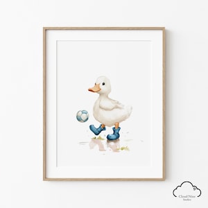 Duck with Blue Ball Nursery Wall Art | Watercolor Blue Nursery Decor | Baby Boy Room Duck Prints | Cute Printable Wall Art Football Animals