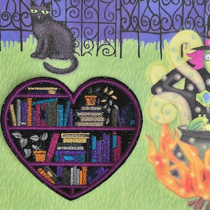 May include: A purple heart-shaped patch with a bookshelf design. The bookshelf is filled with colorful books and plants. The patch is embroidered with glitter and is perfect for adding a touch of whimsy to any project.