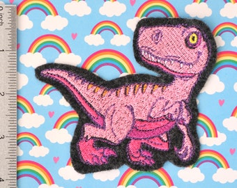 Pink Dinosaur Iron-On Patch: Embroidered Felt Applique (3x4 Inches)