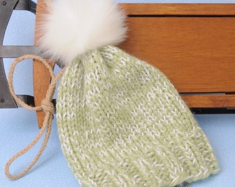 Hand Knit Winter Hat Cap Pom Pom Pale Avocado Green Alpaca Super Soft Large Pom Adult Size