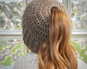 Messy Bun Crocheted Pony Tail Cap Hat Taupe/Mink Gold Flecks Yarn