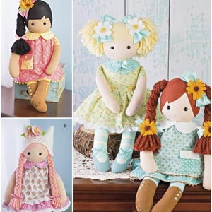 May include: Simplicity 8402 sewing pattern featuring four fabric dolls with yarn hair, floral and patterned dresses, and decorative hair accessories including sunflowers and bows. The dolls have simple facial features and wear various shoes and outfits.