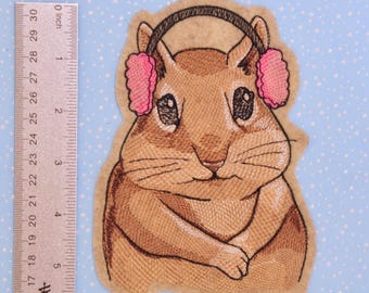 Patch Chipmunk with Headphones Iron On or Sew On Clothing Patch 6 x 4.50 Inches ~ Adorable! Backpack Hat Denim Jacket Tote