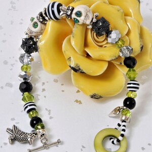Skulls, Raven, Heart, & Swarovski ~ Oh My!  Toggle Bracelet in Green, Silver, Stripes ~ BOHO
