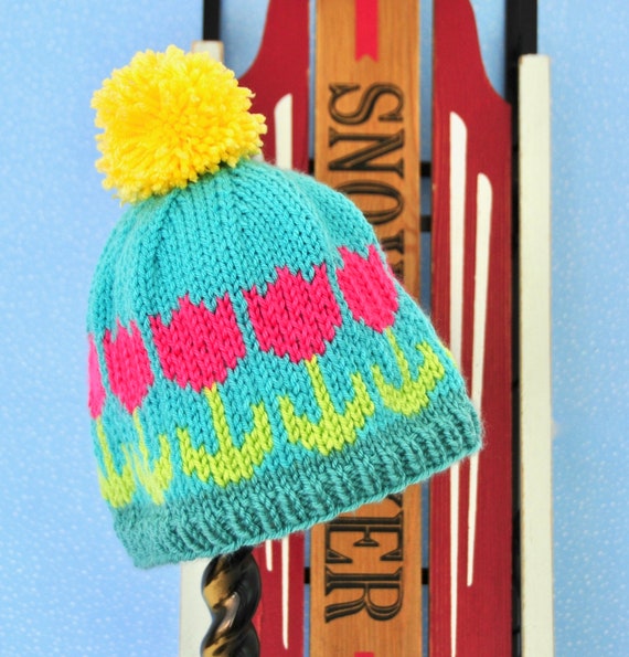 Hand Knit Kids Pom Pom Beanie: Tulip Design, Spring Colors  display picture 3