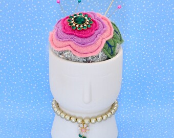 Pin Cushion Applique Roses on Ceramic Face / Head Bee Stick Pin Rhinestone Button Embroidered ~ Great Gift