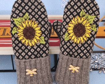 Sunflower Mittens Repurposed Sweater Rhinestone Bee Buttons Luxe Fleece Lined Thinsulate Inner Lining
