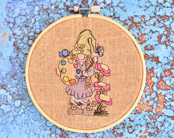 Embroidery Wall Art Artist Gnome Embroidery Hoop Art on Linen 5 Inches ~ Adorable!