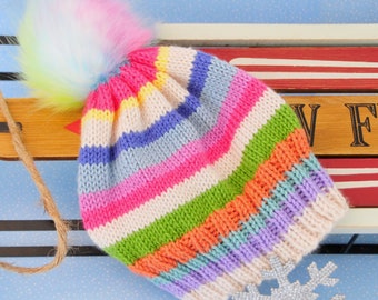 Hand Knit Winter Hat Cap Pom Pom Rainbow Colors Unicorn Teen - Adult