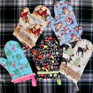 Oven Mitt Mittens Flamingo Santa w/Cats Snowmen Organic Food Bling Reindeer Adorable!  Hostess Gift!
