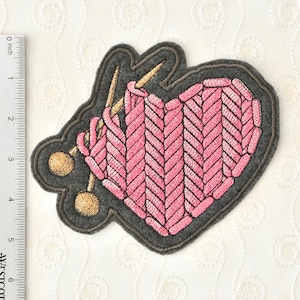 Heart Patch Love Knitting 6 x 6 Inches Iron On or Sew On Denim Jacket Backpack Shoes Totes / Gift - Stitched on Dark Grey Washable Felt