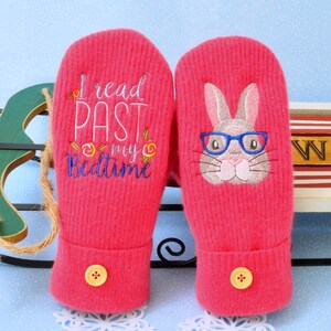 Sweater Mittens Embroidered Rabbit &quot;I Read Past My Bedtime&quot; Double Lined Polar Fleece Lined / Felted Wool
