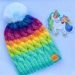 Rainbow Hand Knit Hat Toddler Teen Plus Unicorn Patch