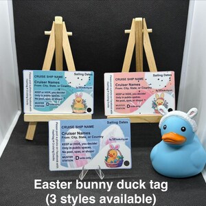 Juego de 8 etiquetas personalizadas de patos con orejas de conejito de Pascua - Patos Crucero - Juego de "Guardar o esconder" - Crucero de abril - Carnival, Royal, Princess - Elige tu estilo