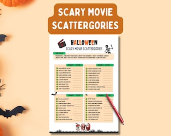 May include: A Halloween-themed game sheet titled "Scary Movie Scattergories" with categories like "Horror Movie Villain" and "Zombie Movie Title." The game sheet is white with orange and black accents, and a red pen rests on the side.