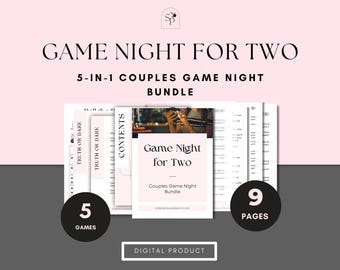 May include: A digital "Game Night for Two" bundle with a pink and white design. It includes 5 games and 9 pages. Text includes "Truth or Dare" and "Contents".