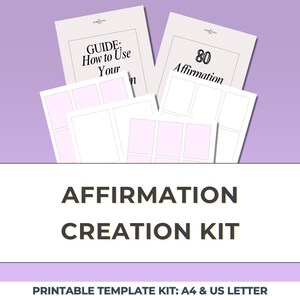 Op de afbeelding: Een affirmatie creatiekit met de tekst "AFFIRMATION CREATION KIT" in vette, zwarte letters. De kit bevat sjablonen en gidsen, met de tekst "GUIDE: How to Use Your" en "80 Affirmation". Ontworpen voor A4 & US Letter printen.